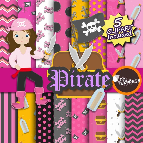 SALE Pirate Girl Digital Paper + Clipart : "Pirate girl Paper"- Pirates Clipart, Pirate Birthday Invitation, Treasure Printable, Girl Paper Il_570xn