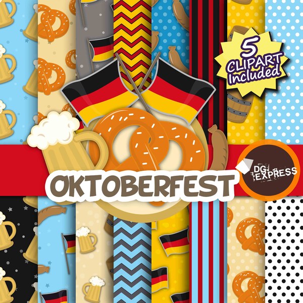 Oktoberfest Digital Paper + Clipart : "Oktoberfest Digital Paper"- German Party Invitation, Beer Birthday Invitation, Dirndl Bavaria Pretzel