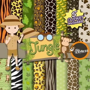Papel Digital selva + imágenes prediseñadas: "selva de papel Digital"-imprimir imágenes prediseñadas Safari selva invitan, Clipart de animales, Animal, prismáticos, hojas