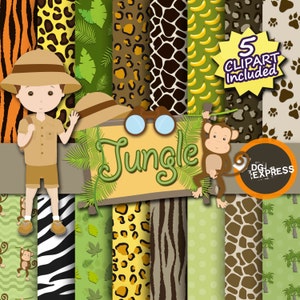 Jungle Digital Paper + Clipart : "Jungle Digital Paper" -Safari Clipart, Jungle Invite, Animal Clipart, Animal print, Binoculars, Leaves