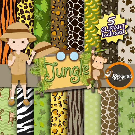 Jungle Digital Paper + Clipart : "Jungle Digital Paper" -Safari Clipart, Jungle Invite, Animal Clipart, Animal print, Binoculars, Leaves Il_570xn