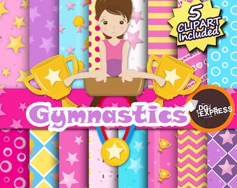 SALE Gymnastics Digital Paper + Clipart : "Gymnastics Paper"-Gymnastics Clipart,  Tumbling Birthday Invitation, Little Tumblers Printable,
