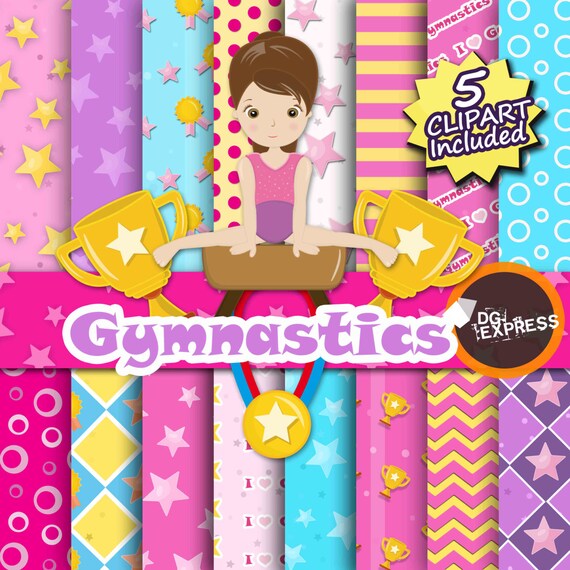 SALE Gymnastics Digital Paper + Clipart : "Gymnastics Paper"-Gymnastics Clipart, Tumbling Birthday Invitation, Little Tumblers Printable, Il_570xn