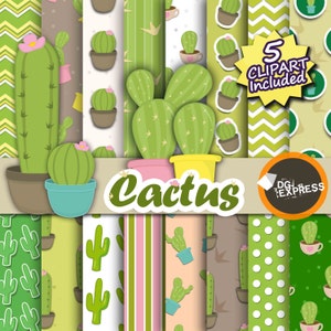 Cactus Digital Paper + Clipart : "Cactus Digital Paper" -Cactus Clipart, House Plant Clipart, Cactus Invite, Desert Clipart, Commercial Use