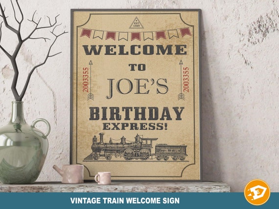 Vintage Train Welcome Sign "TRAIN PRINTABLE welcome sign" - Digital Paint Vintage Train Party, Backdrop boy/girl, Vintage Train birthday Il_570xn