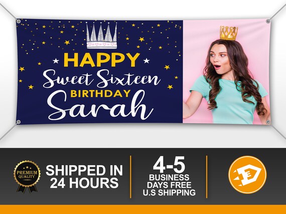Sweet Sixteen Photo Birthday Banner, Pink Personalized Girl Party Banner, Quinceanera Custom 15th, 16th Blue Banner, Indoor Outdoor Il_570xn