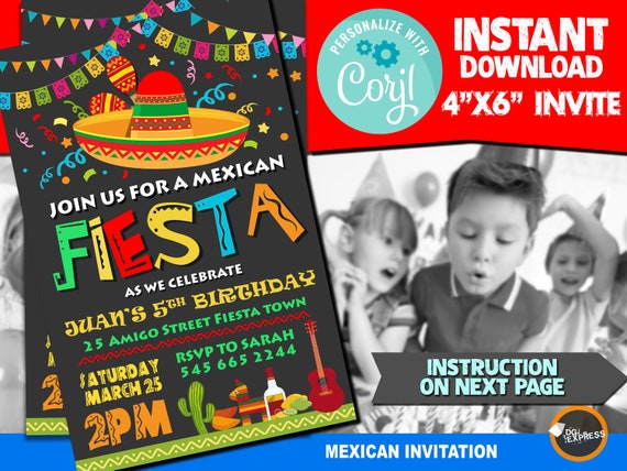 Fiesta Invitation - "FIESTA BIRTHDAY Party Invitation" Fiesta Party, Mexican Girl Boy Digital Mexican Invite,Instant download Il_570xn