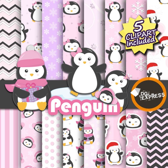 Penguin Digital Paper Pink + Clipart : "Penguin Digital Paper" - Penguin Clipart, Arctic Invite, Arctic Animal Clipart, Pingüino, Pinguim Il_570xn