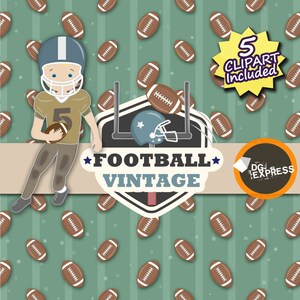 Vintage Football Digital Paper Clipart : Football Paper Football Clipart, FootballBirthday Invitation, Treasure Printable, Ball, player image 2