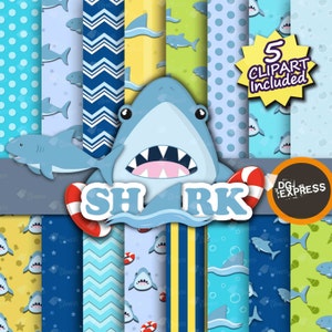 Shark Digital Paper + Clipart : "Shark Digital Paper" - Shark Paper, Printable Invitation, Shark Scrapbook, Sharkclipart, Shark