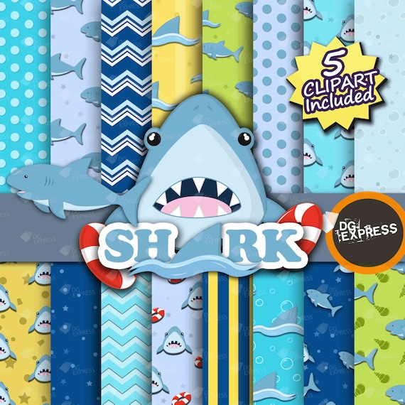 Shark Digital Paper + Clipart : "Shark Digital Paper" - Shark Paper, Printable Invitation, Shark Scrapbook, Sharkclipart, Shark Il_570xn