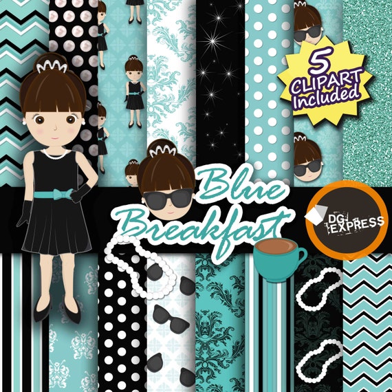 Blue Breakfast Clipart + Digital Paper : "Fashion Breakfast Digital Paper" -Chic Clipart, Diva Glam Party Invite, Glamour Fashionista Girl Il_570xn