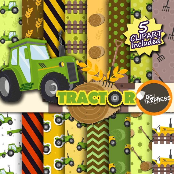 SALE Tractor Digital Paper + Clipart : "Tractor Paper"- Farm Clipart, Tractor Birthday Invitation, Tractor Printable, Tractor, Truck Il_570xn