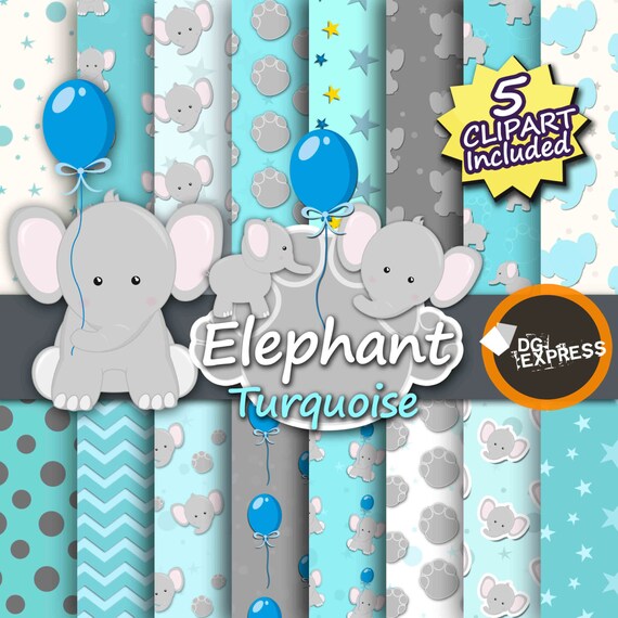Elephant Digital Paper + Clipart - Turquoise : "Turquoise Elephant Digital Paper" - Elephant Baby Shower Party, Boy Printable Invitation Il_570xn