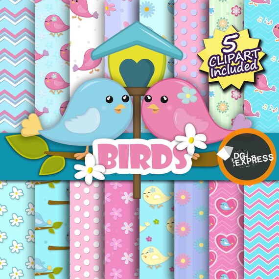 Birds Digital Paper + Clipart : "Bird Digital Paper" - Love Birds Clipart, Cute Birds Party Invite, Tweet Commercial Use, Digital Scrapbook Il_570xn