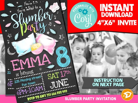 Slumber Party Invitation - "SLEEPOVER BIRTHDAY Invitation" Pajama Party, Girl Sleep Over Digital Invite, instant download invitation Il_570xn