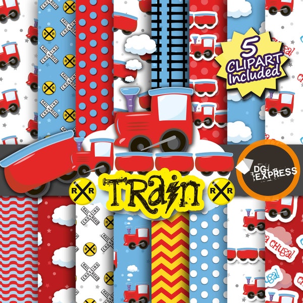 Train Digital Paper + Clipart : "Train Digital Paper"- chuga chuga Party Invitation, Train Birthday Invitation, Train party