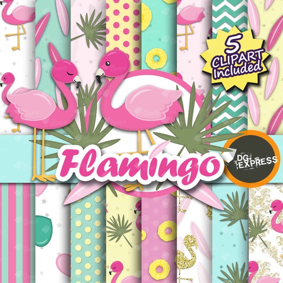 Flamingo Clipart + Digital Paper : "Flamingo Digital Paper" -Flamingo Clipart, Flamingo Birthday Party Invite, Baby Shower Decor Il_570xn
