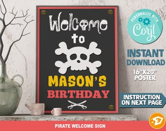 Pirate Party Birthday Welcome Sign Poster "PIRATE PRINTABLE Birthday Sign" - Digital Pirate Birthday, Instant Download