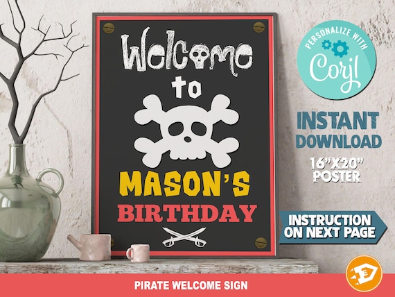 Pirate Party Birthday Welcome Sign Poster "PIRATE PRINTABLE Birthday Sign" - Digital Pirate Birthday, Instant Download Il_570xn