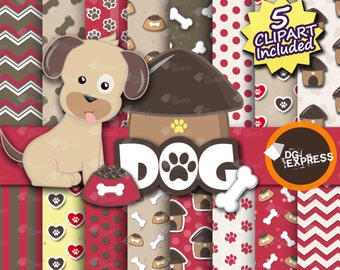 Dog Digital Paper + Clipart - Red : "Dog Digital Paper" - Dog Clipart, Dog Invite, Animal Clipart, Dog Paw, Mascotas Digital Papel