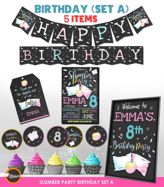 Slumber Party Decoration- "SLEEPOVER BIRTHDAY Decoration Set" Pajama Party Set, Girl Sleep Over , Tween Teen Birthday Party Pack, Favor Tag Il_570xn
