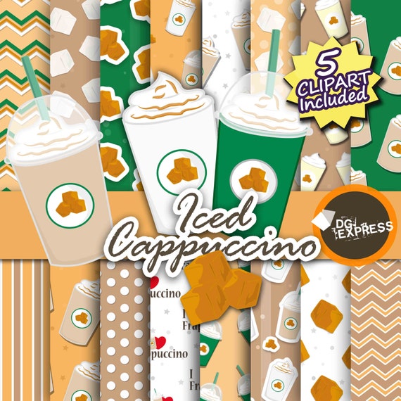 Caramel Iced Coffee Clipart + Digital Paper : "Cappuccino Digital Paper"- Caramel Clipart, Drink Clipart, Frappé Coffee Birthday Invite Il_570xn