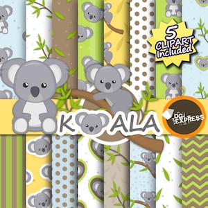 Koala Digital Paper + Clipart : "Koala Digital Paper" - Animal Clipart, Cute Koala Party Invite, Commercial Use, Scrapbook