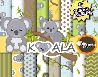 Koala Digital Paper + Clipart : "Koala Digital Paper" - Animal Clipart, Cute Koala Party Invite, Commercial Use, Scrapbook