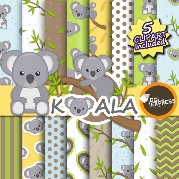 Koala Digital Paper + Clipart : "Koala Digital Paper" - Animal Clipart, Cute Koala Party Invite, Commercial Use, Scrapbook