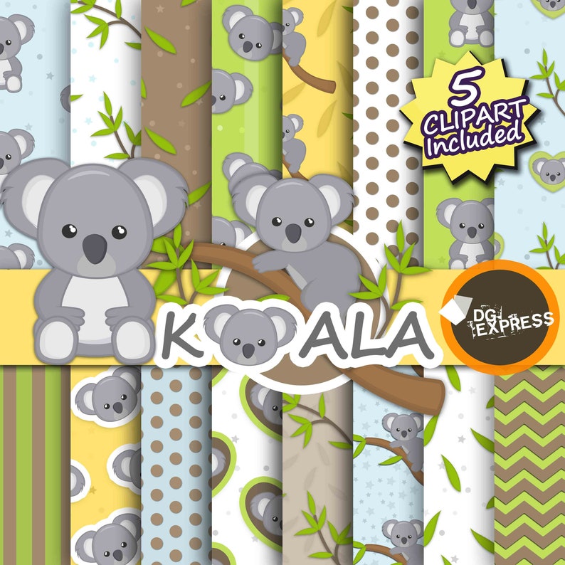 Koala Digital Paper Clipart : Koala Digital Paper Animal Clipart, Cute Koala Party Invite, Commercial Use, Scrapbook 画像 1