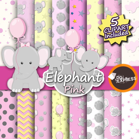 Elephant pink Digital Paper + Clipart - Blue : "Elephant pink Digital Paper" - Baby Shower Party, Printable Invitation, Elephant Scrapbook Il_570xn