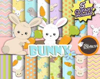 Bunny Digital Paper + Clipart: "Rabbit Digital Paper" - Bunny Clipart, Bunny Invite, Animal Clipart, Coelho, Mascotas Digital Papel, Cohejo