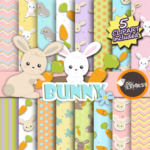Bunny Digital Paper + Clipart: "Rabbit Digital Paper" - Bunny Clipart, Bunny Invite, Animal Clipart, Coelho, Mascotas Digital Papel, Cohejo Il_570xn