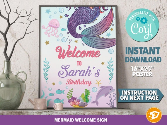 Mermaid Party Birthday Welcome Sign Poster "MERMAID PRINTABLE Birthday Sign" - Digital Mermaid Birthday, Instant Download Il_570xn