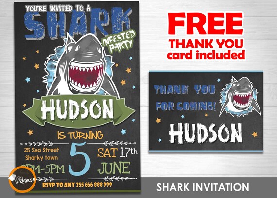 Shark Invitation - "SHARK PARTY BIRTHDAY Invitation" Pool Party, Shark Bite Boy Digital Invite, Summer Beach Birthday Chalkboard Printable Il_570xn
