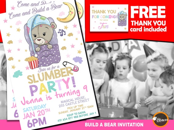 Build a Bear Party Invitation - "BEAR SLUMBER PARTY Birthday Invitation" Bear Party, Girl Sleep Over Digital Invite Il_570xn