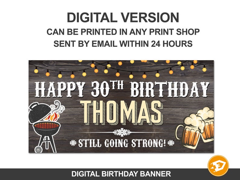 Barbecue BBQ Birthday Banner, Cheers Adult Man Party Decoration, Custom 30th 40th 50th 60th Vinyl Backdrop, Personalized Indoor Outdoor DIGITAL - YOU PRINT