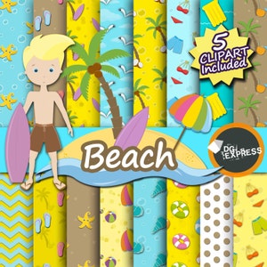 Beach Party Digital Paper + Clipart : "Beach Boy Digital Paper" - Beach Birthday Invitation, Beach Printable, Summer Beach Paper