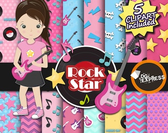 SALE Music Digital Paper + Clipart - Girl : "Rock Star Paper"- Rock Star Clipart, Rockstar, Rock Printable, Electric Guitar Musician Clipart