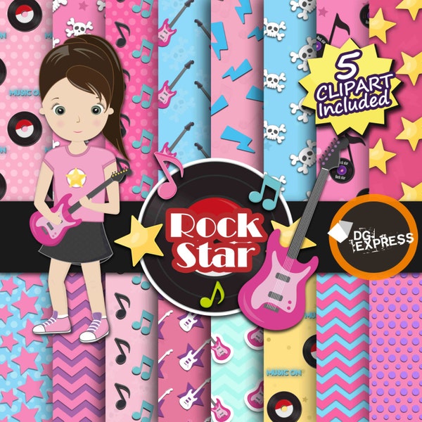 SALE Music Digital Paper + Clipart - Girl : "Rock Star Paper"- Rock Star Clipart, Rockstar, Rock Printable, Electric Guitar Musician Clipart