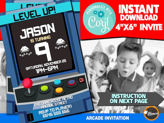 Arcade Invitation - "ARCADE GAME Birthday Invitation" Gamer invitation, Retro Arcade Birthday, Video Game Birthday, Instant Download Il_570xn