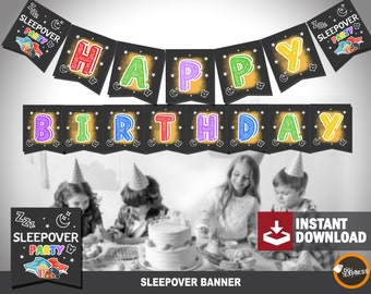 Sleepover Birthday Banner - "HAPPY BIRTHDAY Printable Banner" Slumber Party Boy, Digital Sleepover BUNTING, Instant Download