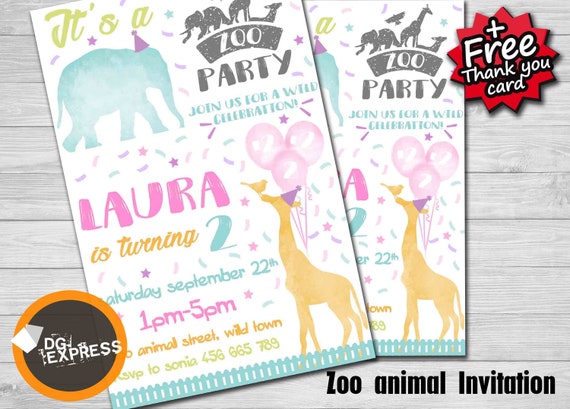 Zoo Birthday Invitation - "ZOO ANIMAL INVITATION" Digital Zoo Watercolor Party Invite, Wild Animal Lion Elephant Printable, Animal Invite Il_570xn