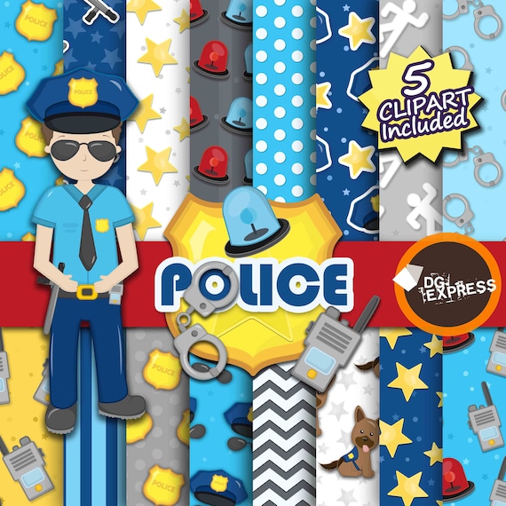 SALE Police Clipart + Digital Paper : "Police Digital Paper"- Policeman Clipart, Police Clipart, Birthday Invitation, Policeman, Policia Il_570xn