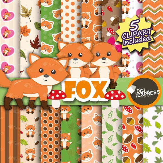 Fox Clipart + Digital Paper : "Fox Digital Paper" - Woodland Animal Clipart, Forest Birthday Party Invite, Baby Shower, Instant Download Il_570xn