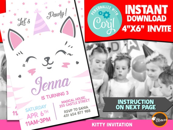 Cat Invitation "KITTY BIRTHDAY INVITATION" - Kitten Birthday Party Invite, Girl Birthday Digital Pink Invitation, Instant download Il_570xn
