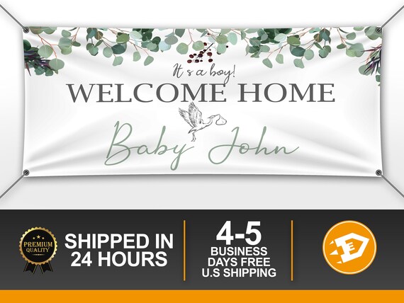 Welcome Home Baby Banner, It's a Boy Greenery Banner, Greenery Congratulations Vinyl, Backdrop Outdoor Il_570xn