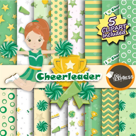 SALE Green Cheerleader Digital Paper + Clipart : "Cheerleader Paper"-Cheerleader Clipart, Birthday Invitation, Pom Pom Printable, megaphone Il_570xn
