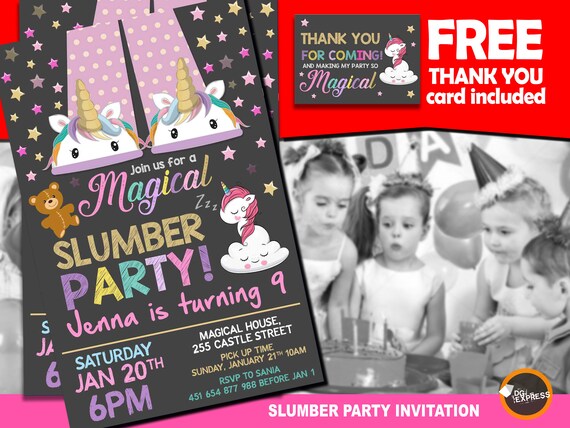 Unicorn Sleepover Party Invitation - "UNICORN SLUMBER PARTY Birthday Invitation" Unicorn slippers Party, Girl Sleep Over Digital Invite Il_570xn